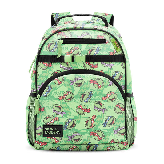 Lime green children's backpack with Teenage Mutant Ninja Turtles circular character pattern in red, blue, and purple. Features black shoulder straps, carry handle, front pockets, and mesh side panels. Simple Modern branded