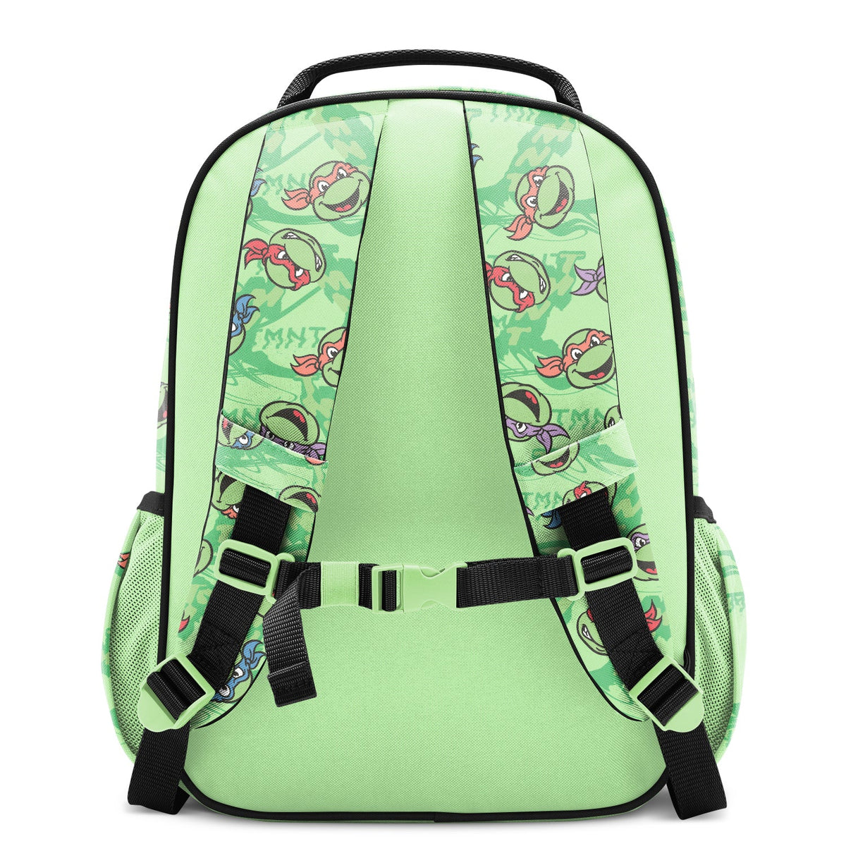 Mint green children's backpack with cartoon character print panels, black shoulder straps with buckles, chest strap, mesh side pockets, and carry handle, shown from back against white background.