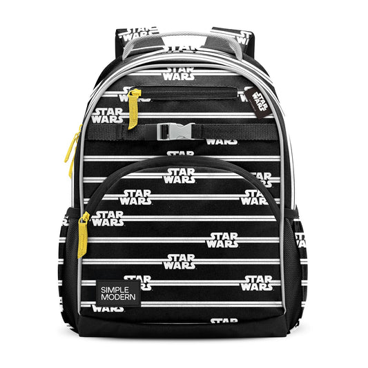 Black and white Star Wars children's backpack with yellow zipper pulls and shoulder strap trim, front pockets, mesh water bottle holder, and gray compression buckle, displayed against white background.