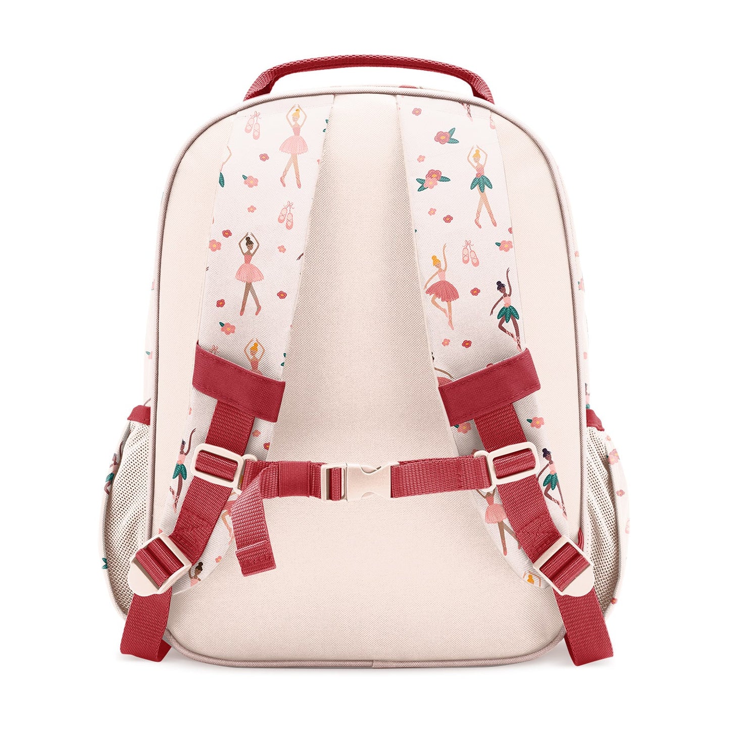 Blush pink children's backpack with crimson red handle and straps, viewed from back. Features padded support, mesh side pockets, and allover print of ballet dancers, pointe shoes, and florals in soft pastels.