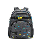 Batman-themed children's backpack in charcoal gray with bright yellow and blue accents, featuring Batman silhouettes, Batmobiles, comic book sound effects, white stars, yellow buckle, mesh pockets, and Simple Modern logo on