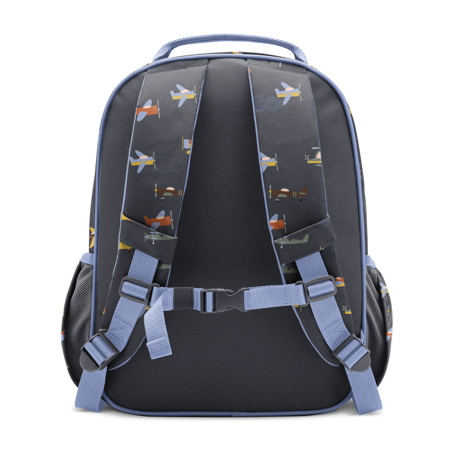Charcoal gray kids backpack with periwinkle blue accents on handles, straps and trim, featuring an airplane print design