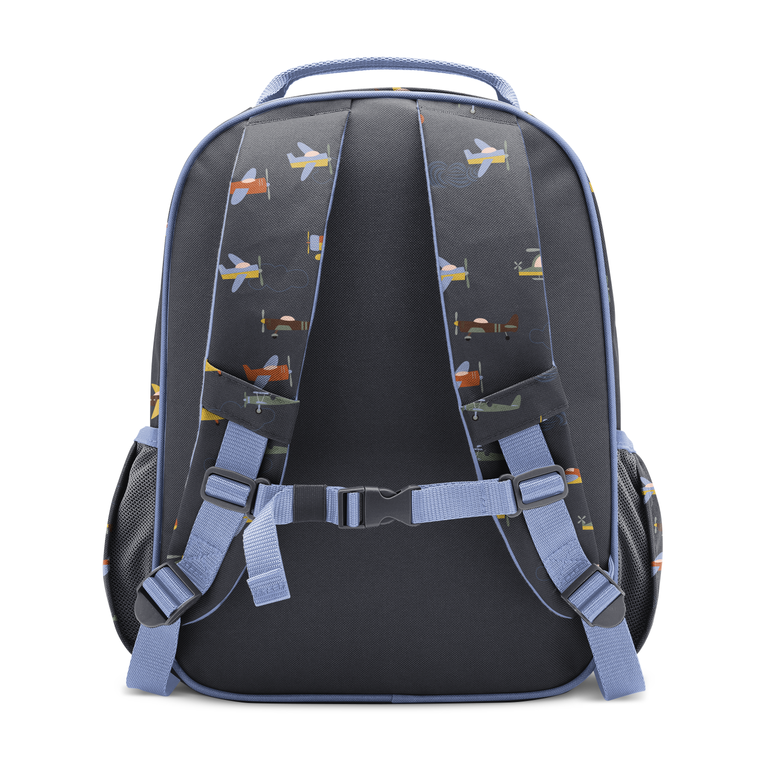 Charcoal gray kids backpack with periwinkle blue accents on handles, straps and trim, featuring an airplane print design