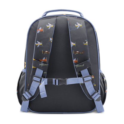 Charcoal gray kids backpack with periwinkle blue accents on handles, straps and trim, featuring an airplane print design