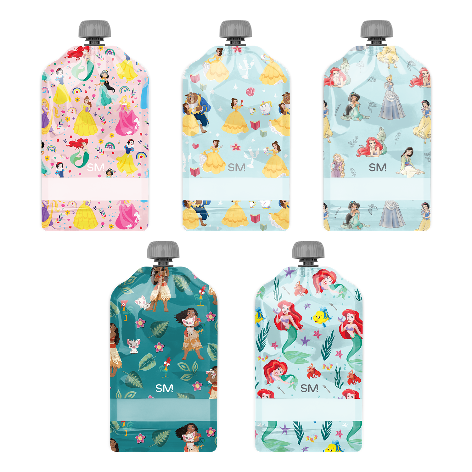 Five reusable pouches displayed in assorted colors: soft pink with white accents, light blue with white panels, and additional pouches in complementary colors.