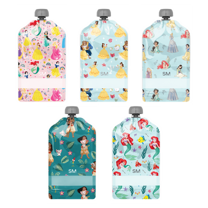 Five reusable pouches displayed in assorted colors: soft pink with white accents, light blue with white panels, and additional pouches in complementary colors.