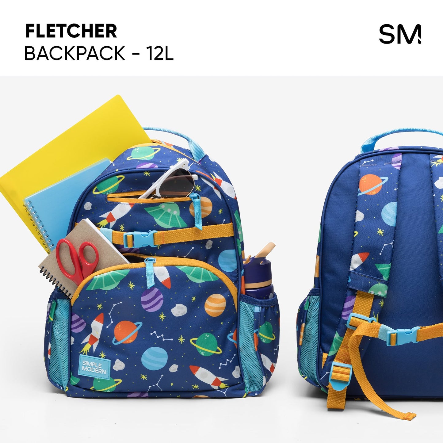 Fletcher Kids' Backpack in navy blue with yellow, cyan, and orange accents, shown front and back views stuffed with school supplies including notebook, scissors, and ruler against white background