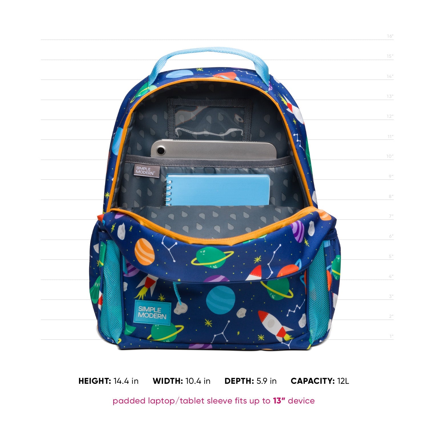 Fletcher Kids' Backpack in navy blue with cosmic print, shown open with gray interior, light blue handle, and orange zipper trim. Dimensions: 15"H x 11.5"W x 5.25"D, 12L capacity. Padded tablet sleeve fits up to 13" devices.