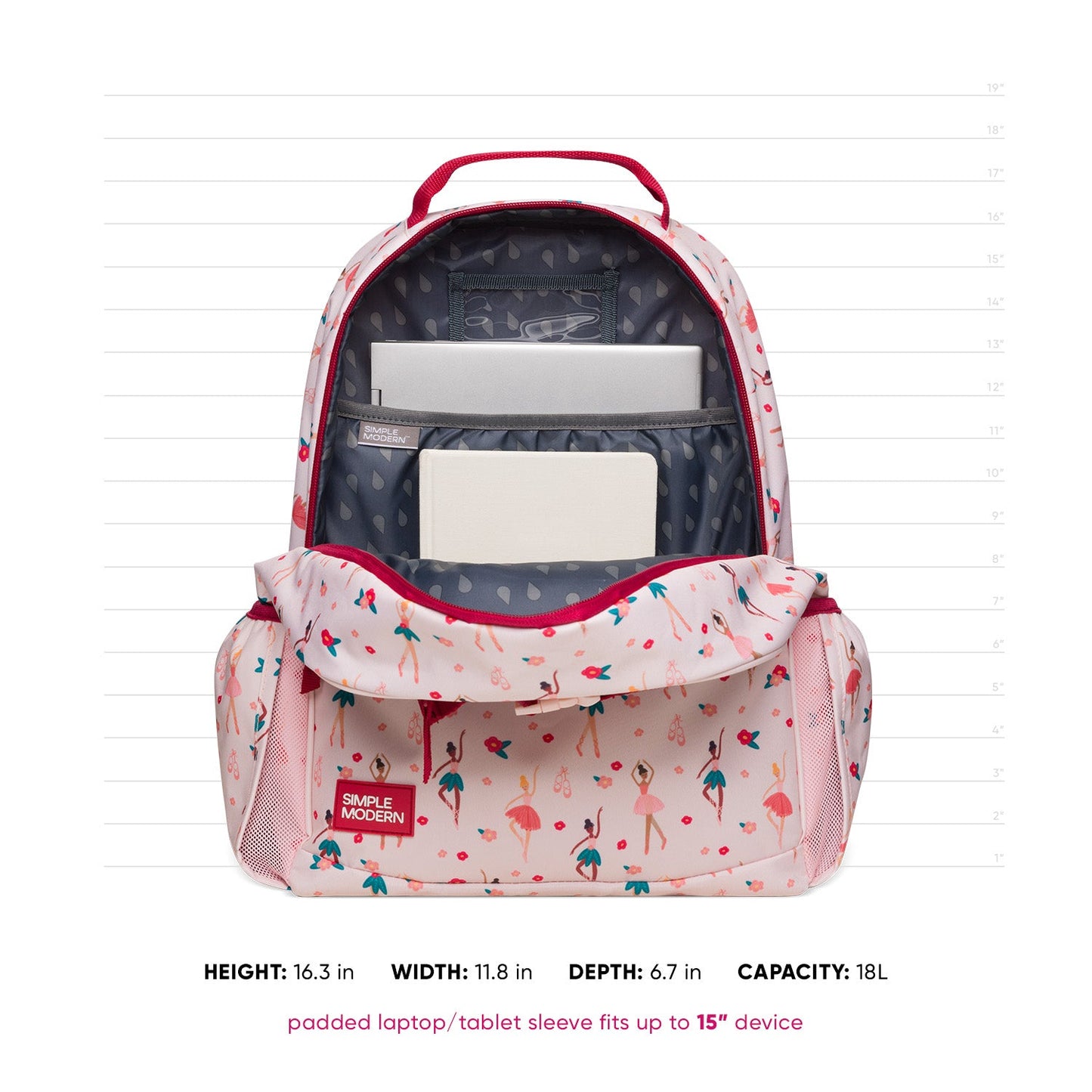 Pale pink backpack with red trim and handles, charcoal gray interior with geometric pattern
