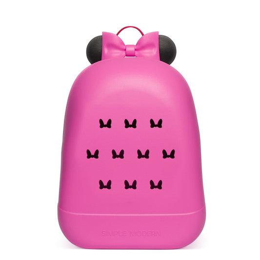 Hot pink magenta backpack with charcoal gray accents and bow detail, front view