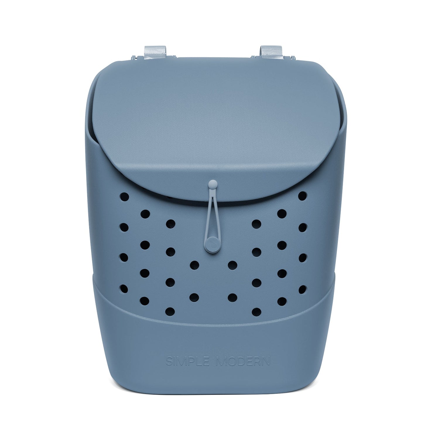 Soft blue-gray bucket with black perforated details and light gray lid flap
