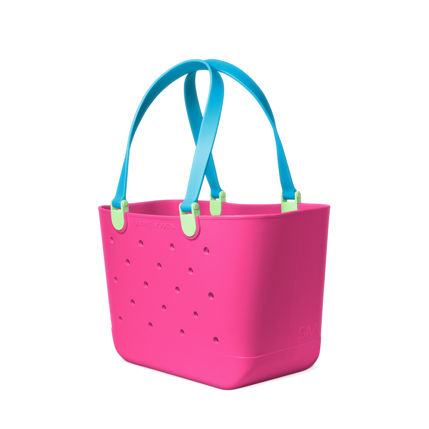 Hot pink tote bag with turquoise handles and neon yellow accent tabs