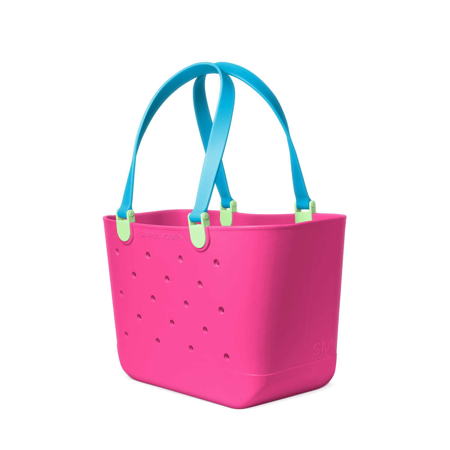 Hot pink tote bag with turquoise handles and neon yellow accent tabs