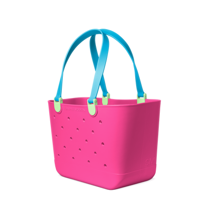 Hot pink tote bag with turquoise handles and neon yellow accent tabs