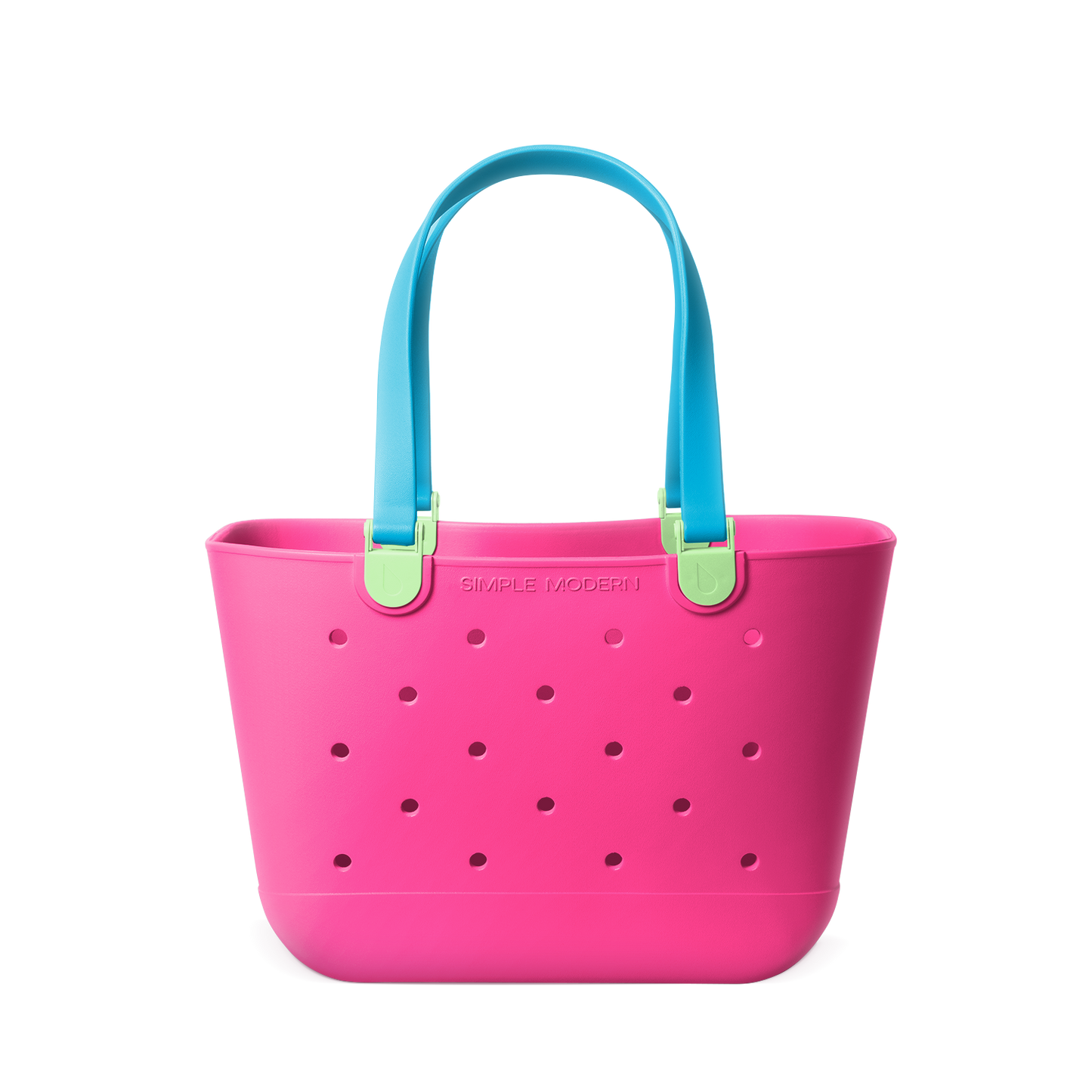 Hot pink tote bag with turquoise blue handles