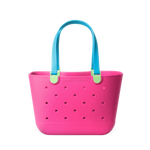 Hot pink tote bag with turquoise blue handles