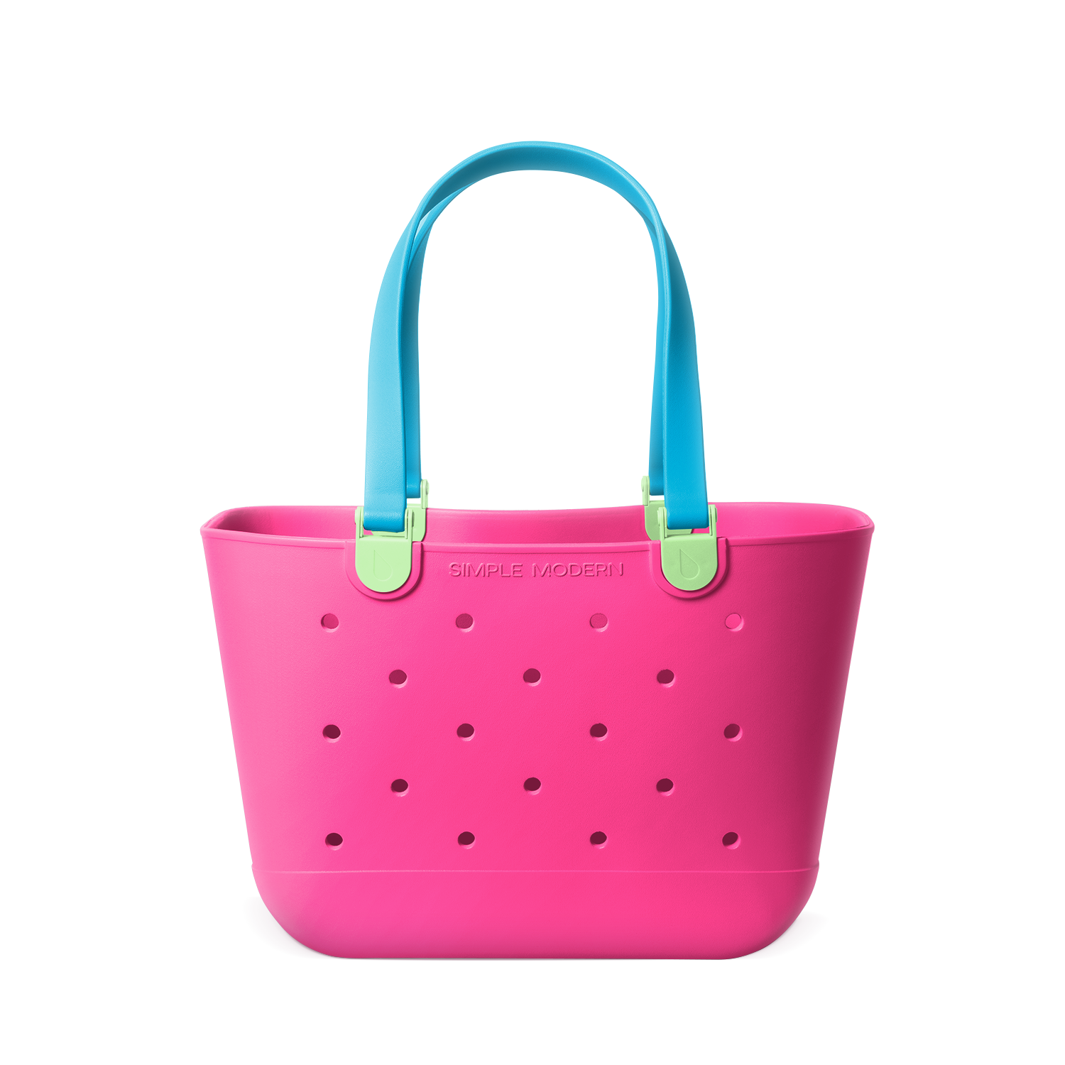 Hot pink tote bag with turquoise blue handles
