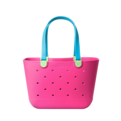 Hot pink tote bag with turquoise blue handles