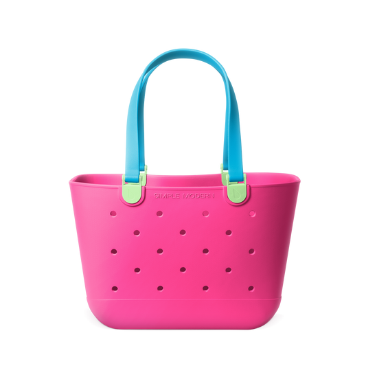 Hot pink tote bag with turquoise blue handles