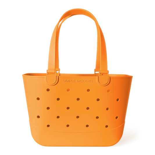 Orange tote bag with perforated ventilation holes, dual handles, and "Simple Modern" branding on white background.