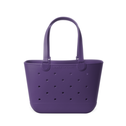 Purple eggplant tote bag on white background
