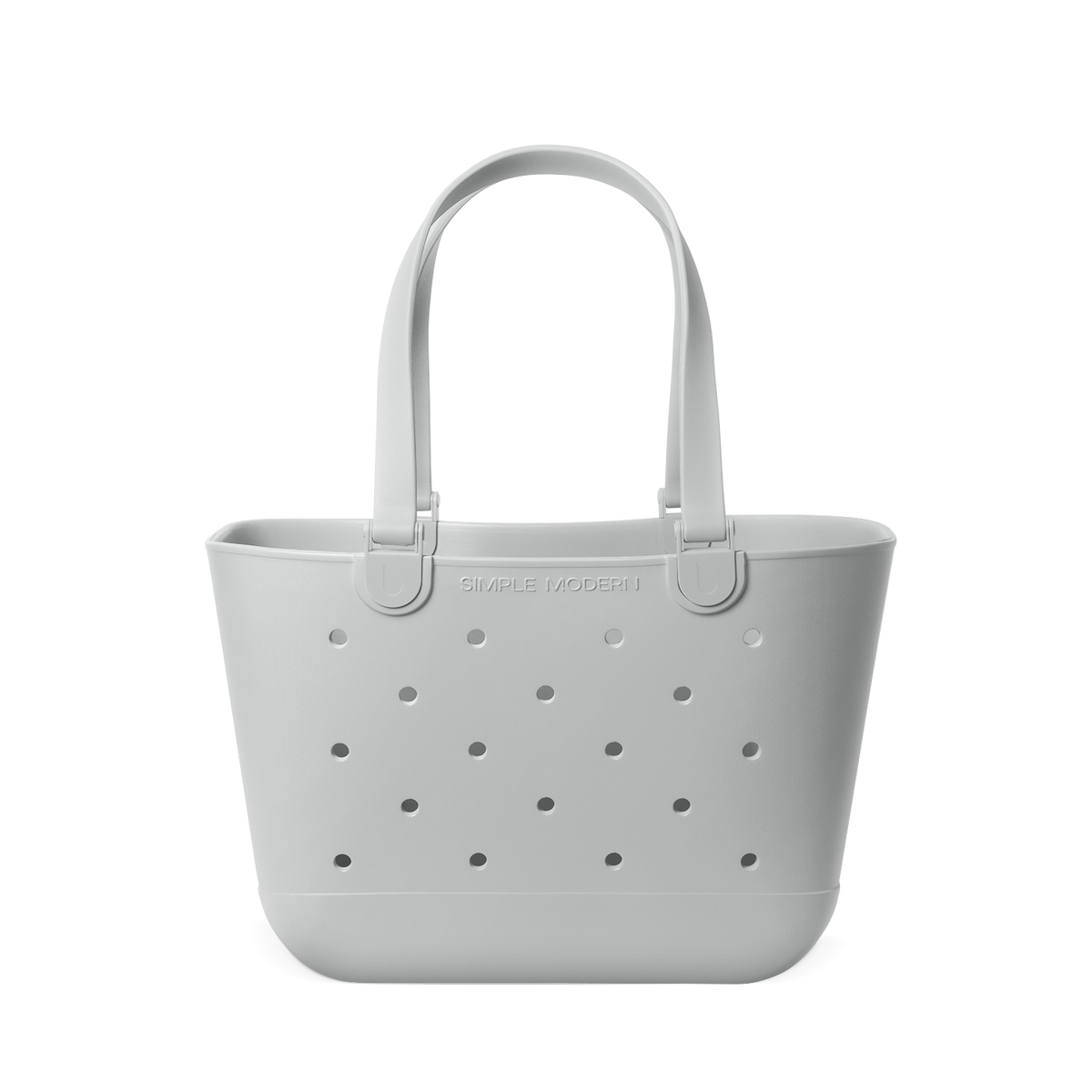 Light gray perforated tote bag with handles, displayed against white background