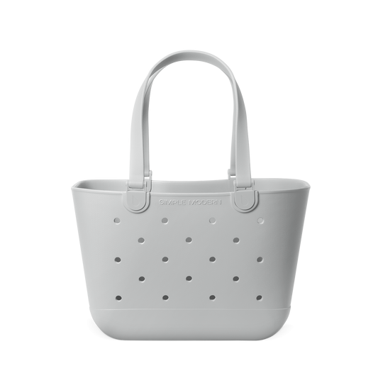 Light gray perforated tote bag with handles, displayed against white background