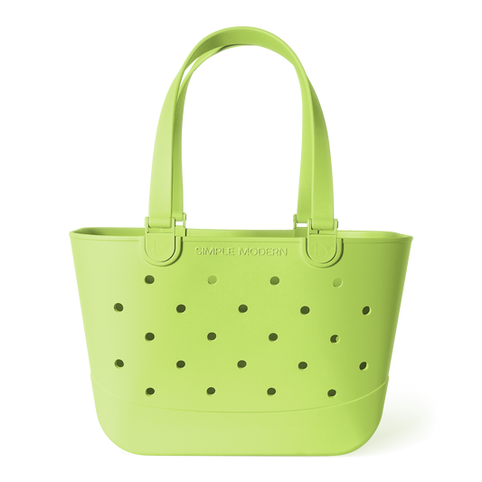 Lime green perforated tote bag with long padded handles and metal hardware, featuring Simple Modern branding, shown against white background.