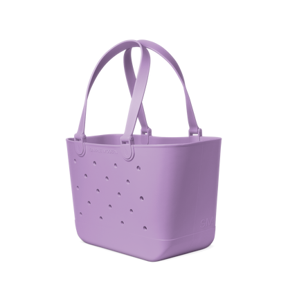 Soft lavender purple tote bag displayed against white background with subtle shadow details