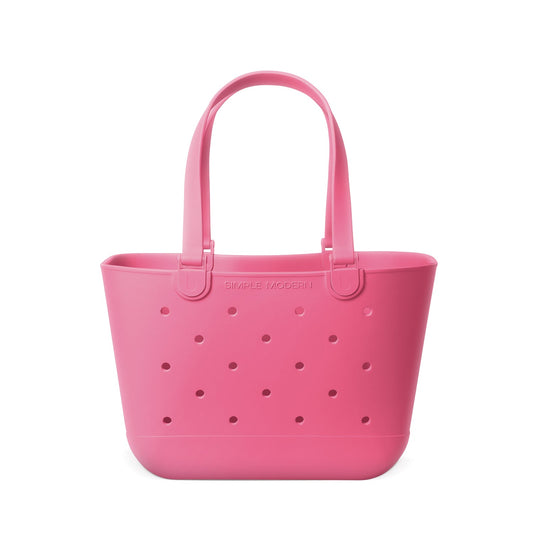 Bubblegum pink molded plastic tote bag with lighter and deeper pink tones on white background