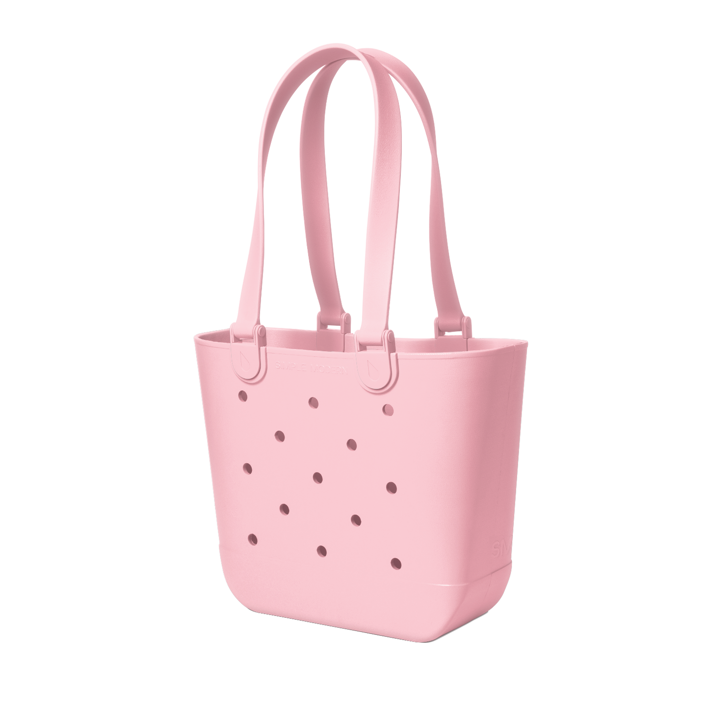 Soft pastel pink tote bag with mauve ventilation holes and matching pink handles