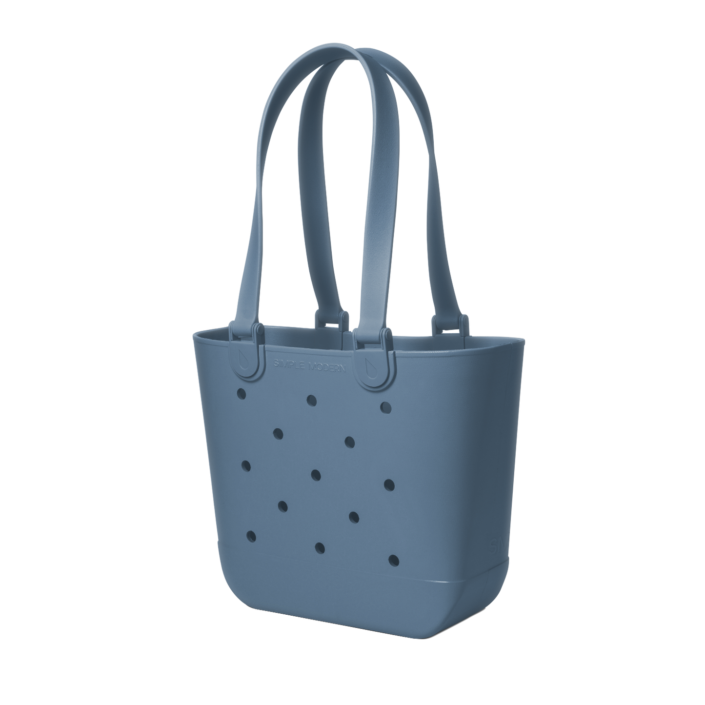 Muted slate blue modern tote bag with clean lines and minimalist design, shown against a neutral background