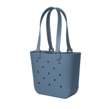 Muted slate blue modern tote bag with clean lines and minimalist design, shown against a neutral background