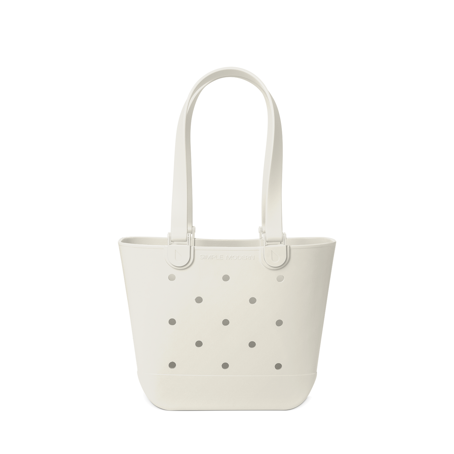 Cream-colored canvas tote bag with gray perforated details against a white background