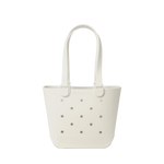 Cream-colored canvas tote bag with gray perforated details against a white background