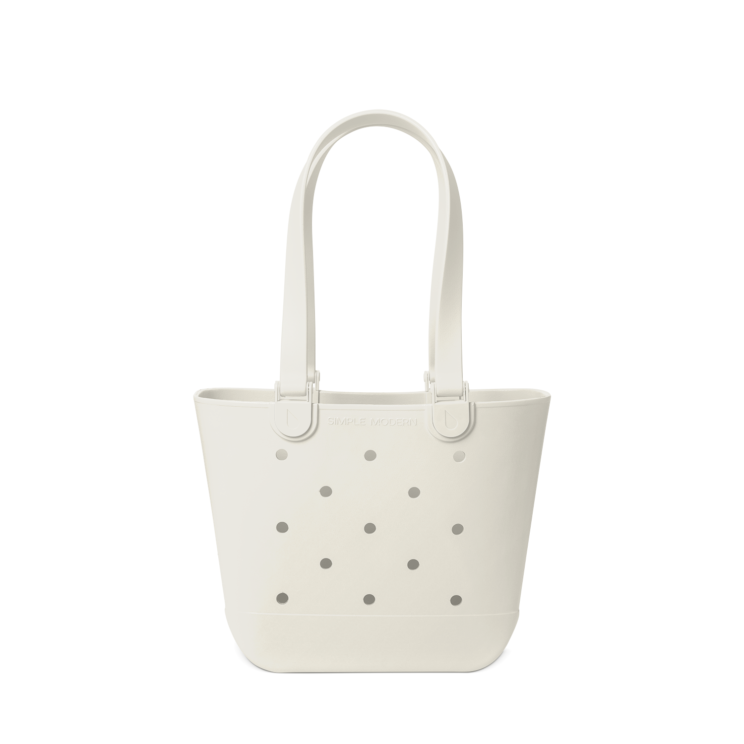Cream-colored canvas tote bag with gray perforated details against a white background