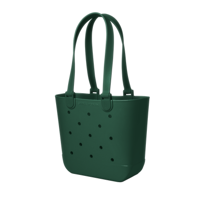 Deep forest green tote bag with handles displayed against a white background