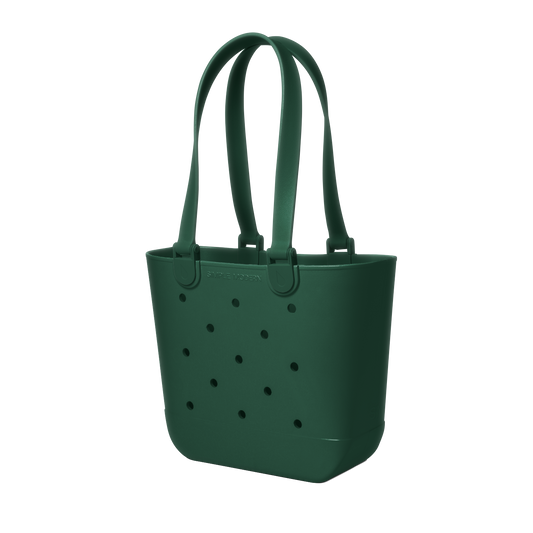 Deep forest green tote bag with handles displayed against a white background