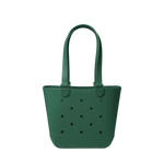 Forest green tote bag with black polka dot pattern, featuring a clean neutral background