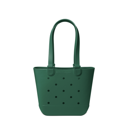 Forest green tote bag with black polka dot pattern, featuring a clean neutral background