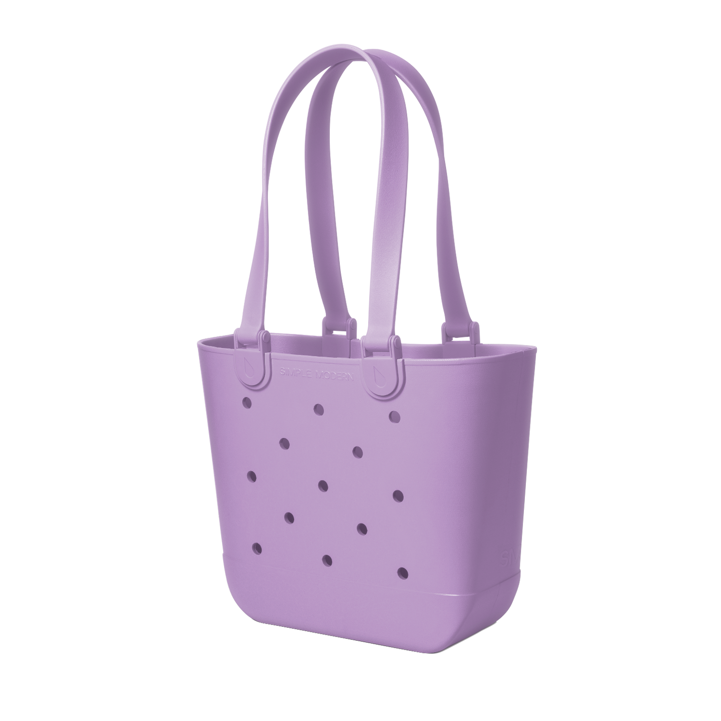 Soft lavender purple tote bag with deeper purple perforated details across the front