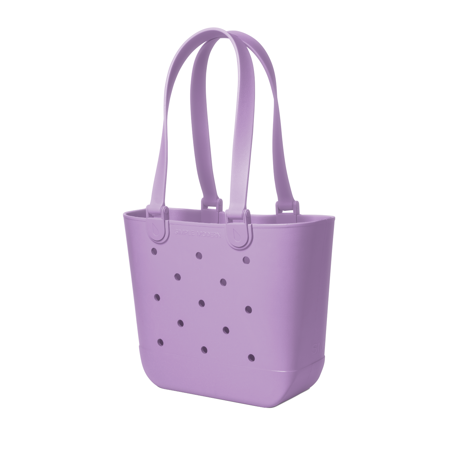 Soft lavender purple tote bag with deeper purple perforated details across the front