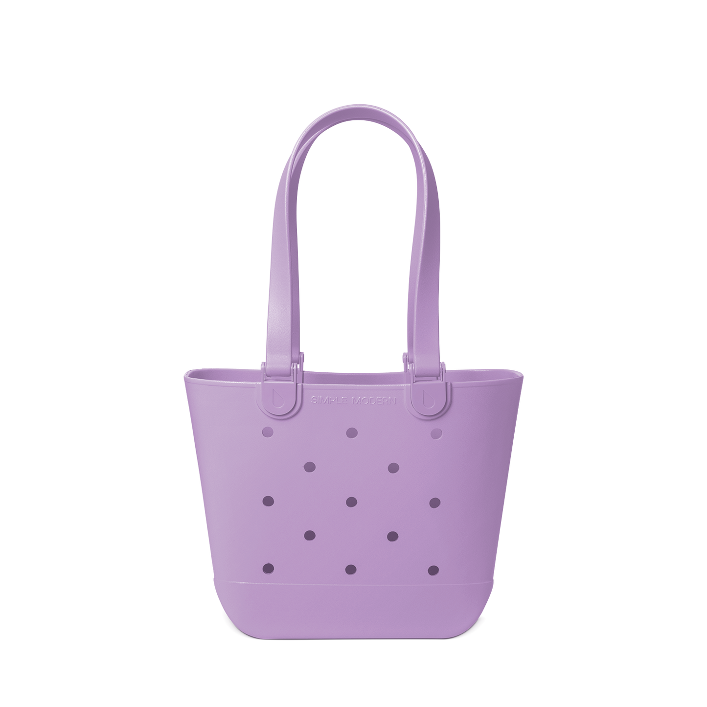 Soft lavender purple tote bag with decorative perforations in darker purple and gray tones on the front panel.