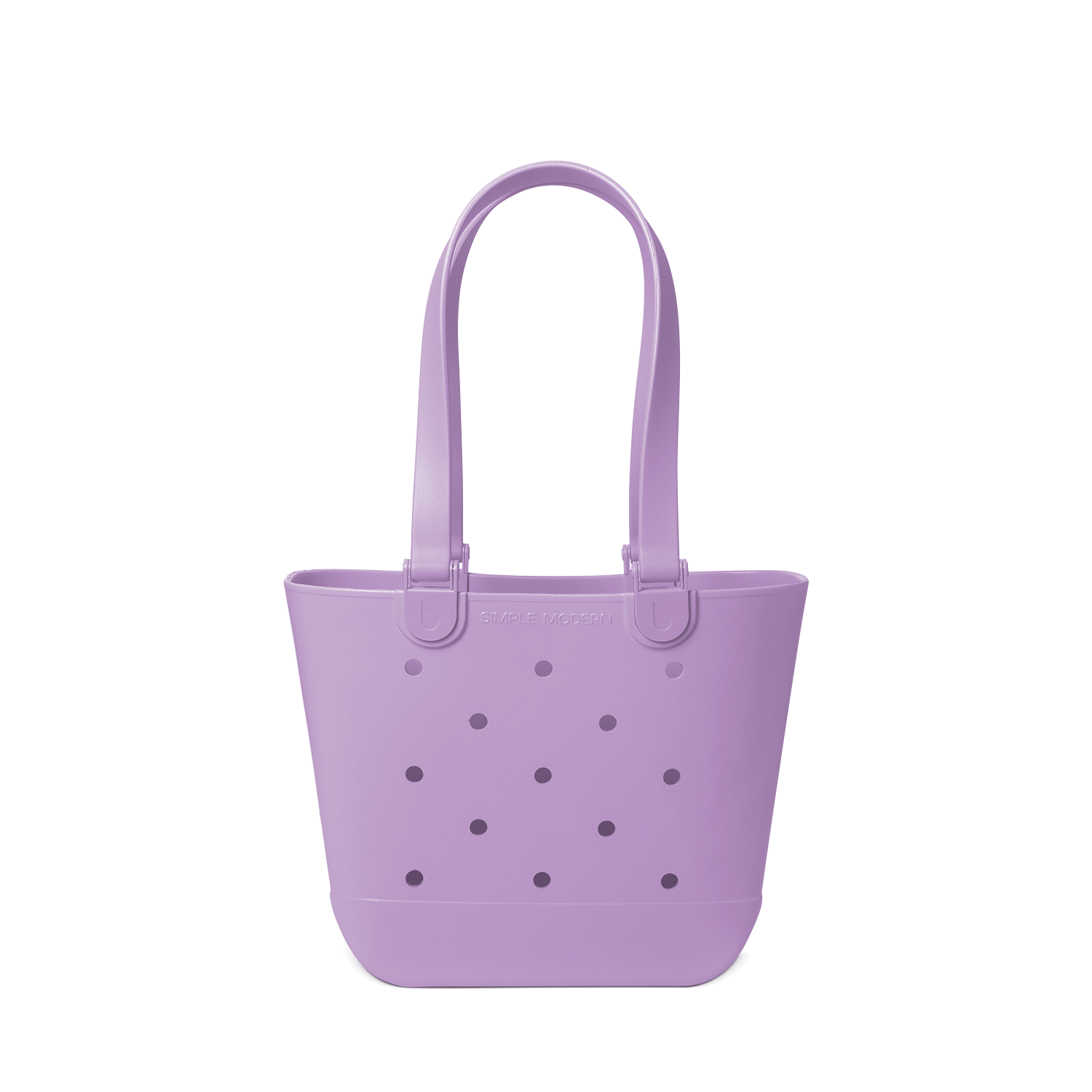Soft lavender purple tote bag with decorative perforations in darker purple and gray tones on the front panel.