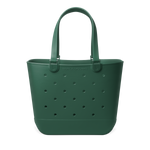 Forest green canvas tote bag displayed against white background, front view showing structured silhouette with handles