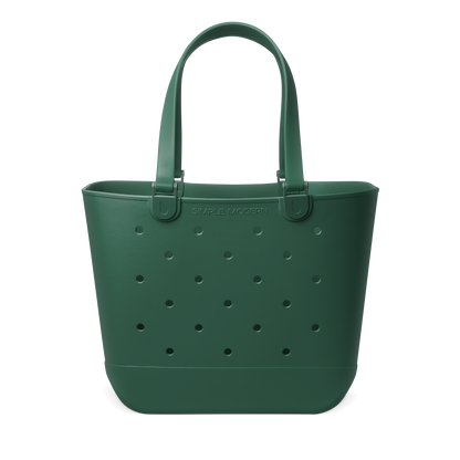Forest green canvas tote bag displayed against white background, front view showing structured silhouette with handles