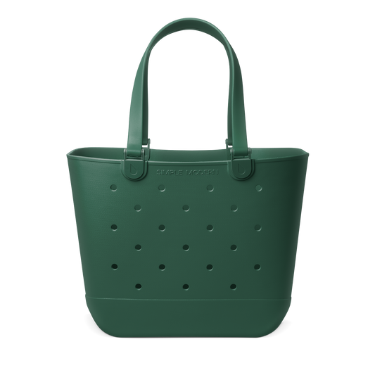Forest green canvas tote bag displayed against white background, front view showing structured silhouette with handles