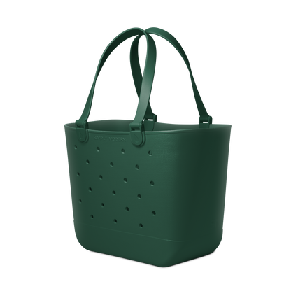 Forest green tote bag displayed against a neutral off-white background, showing the bag's rich, deep color and full front view.