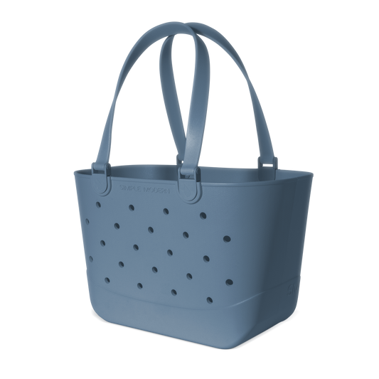 Slate blue matte finish tote bag with cool-toned, dusty blue-gray color and sophisticated understated design