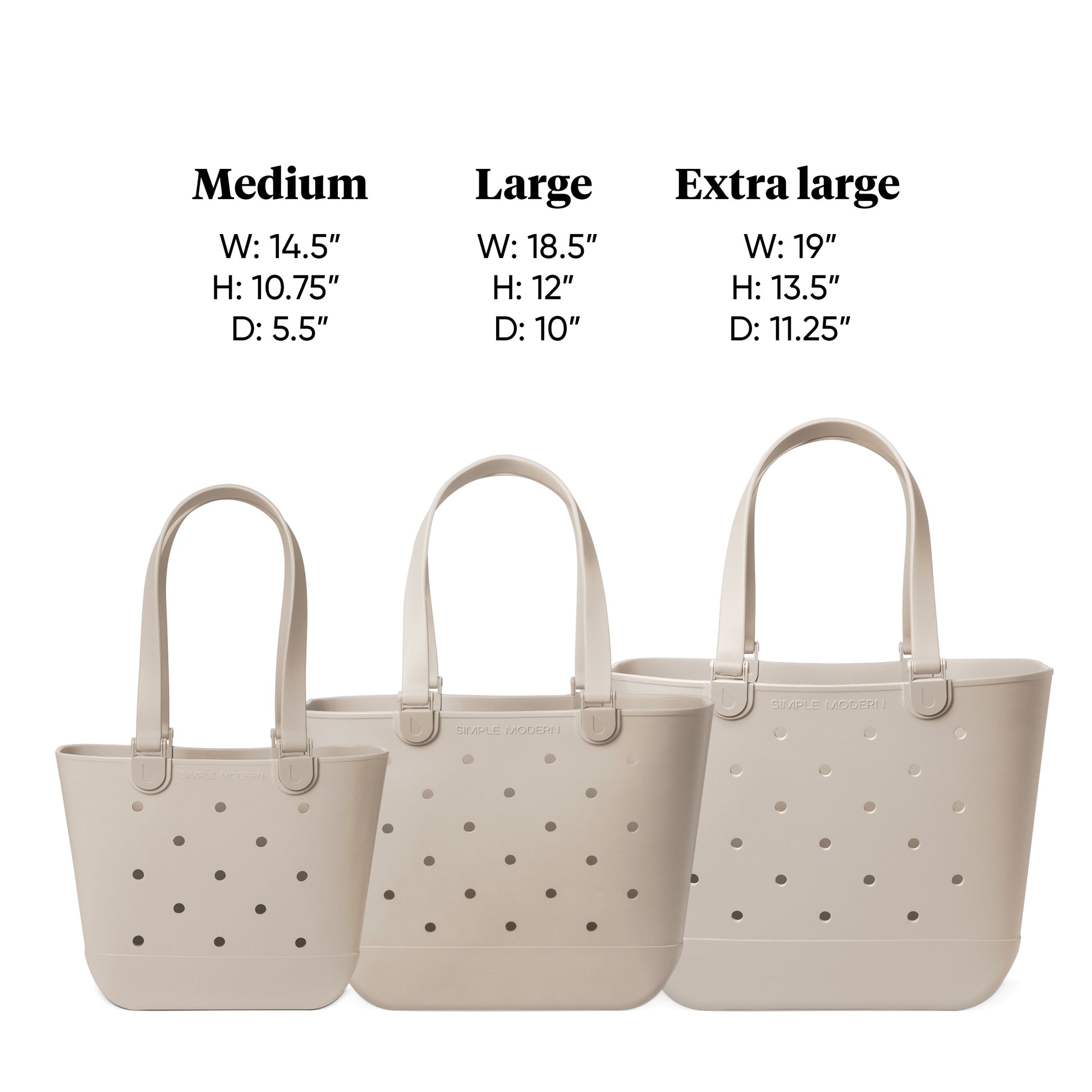 Three beige tote bags displayed with measurement reference showing size dimensions, neutral minimalist styling with soft cream and sand tones.